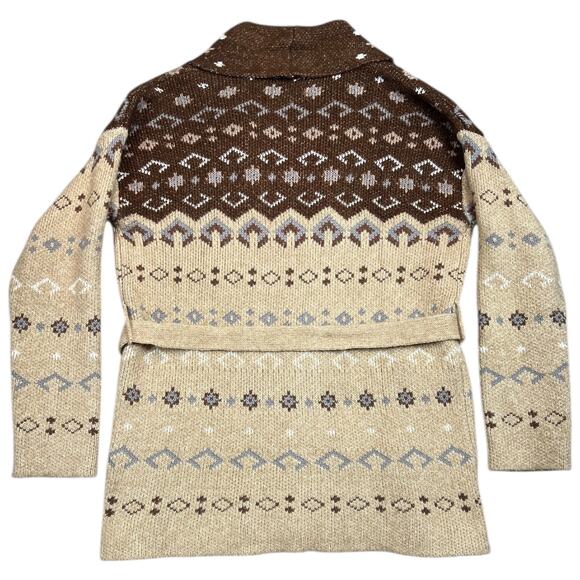 Lucky Brand Fair Isle Belted Cardigan Brown and Tan Sweater Longline - M - Picture 2 of 10
